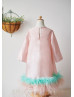 Long Sleeves Pink Taffeta Flower Girl Dress With Feather